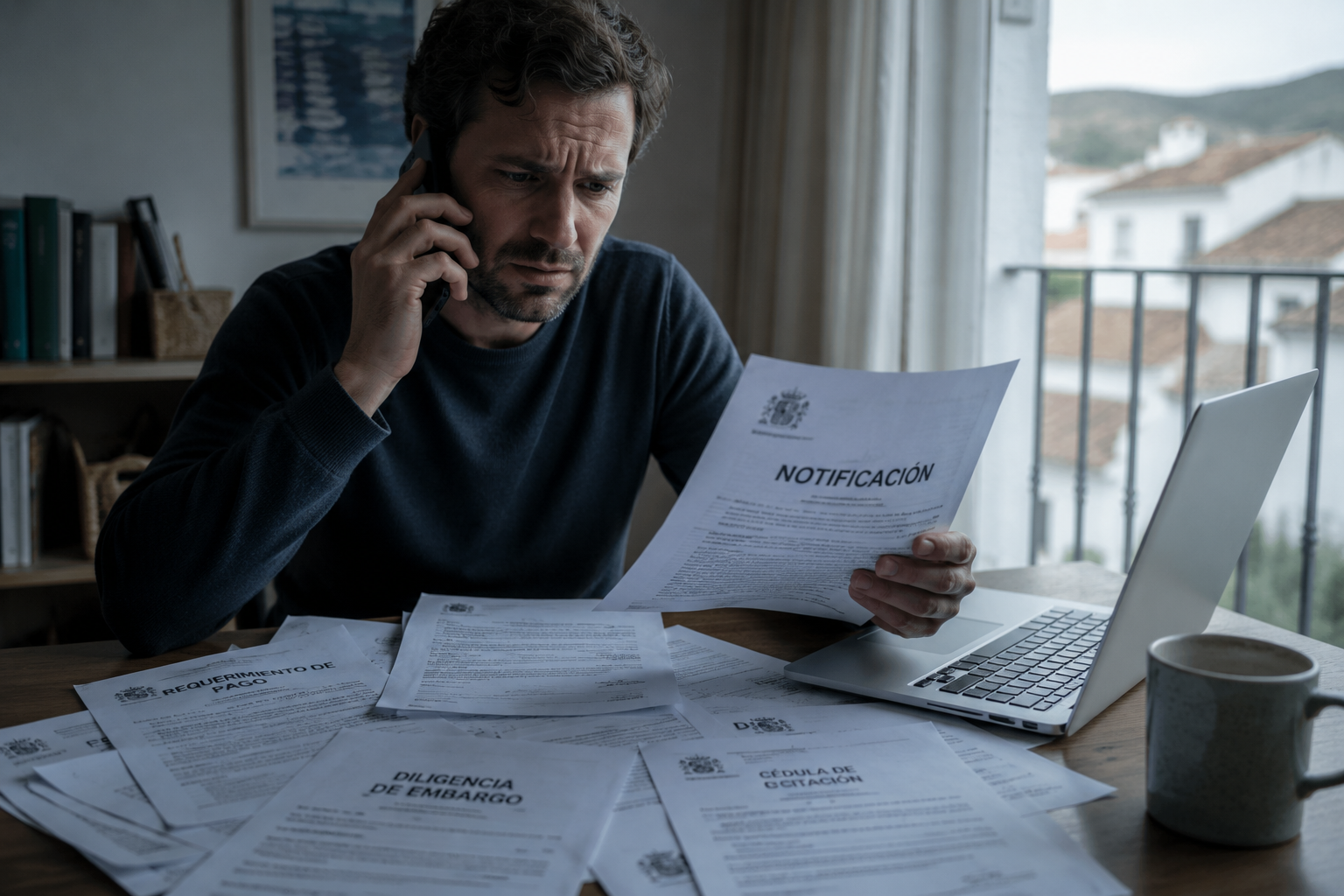 A worried international resident in Spain on the phone, holding an official Spanish notificación and surrounded by legal documents he cannot read