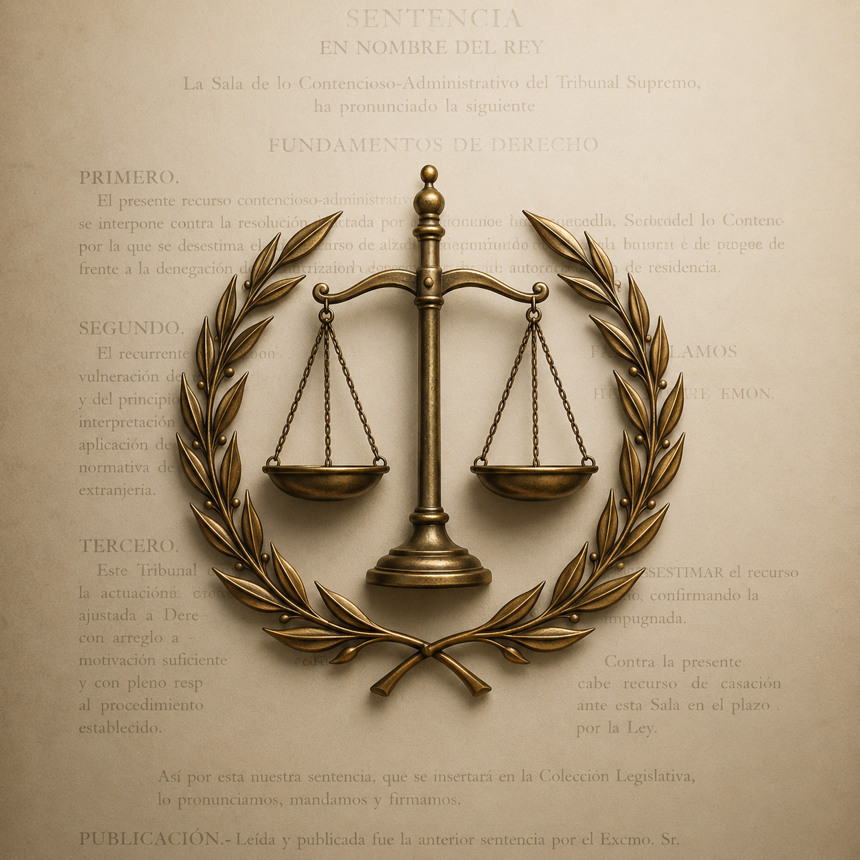 A brass scales-of-justice emblem framed by a laurel wreath, set over the faded text of a Spanish court judgment (sentencia)